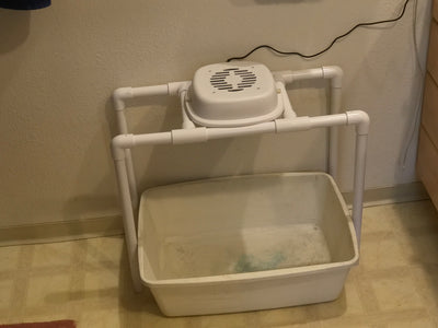 Options for mounting filter over open litter box without drilling holes in wall.