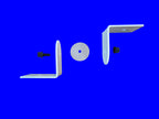 Two white metal L-brackets with black mounting screws and a circular clear spacer, laid out on a brown cardboard background.