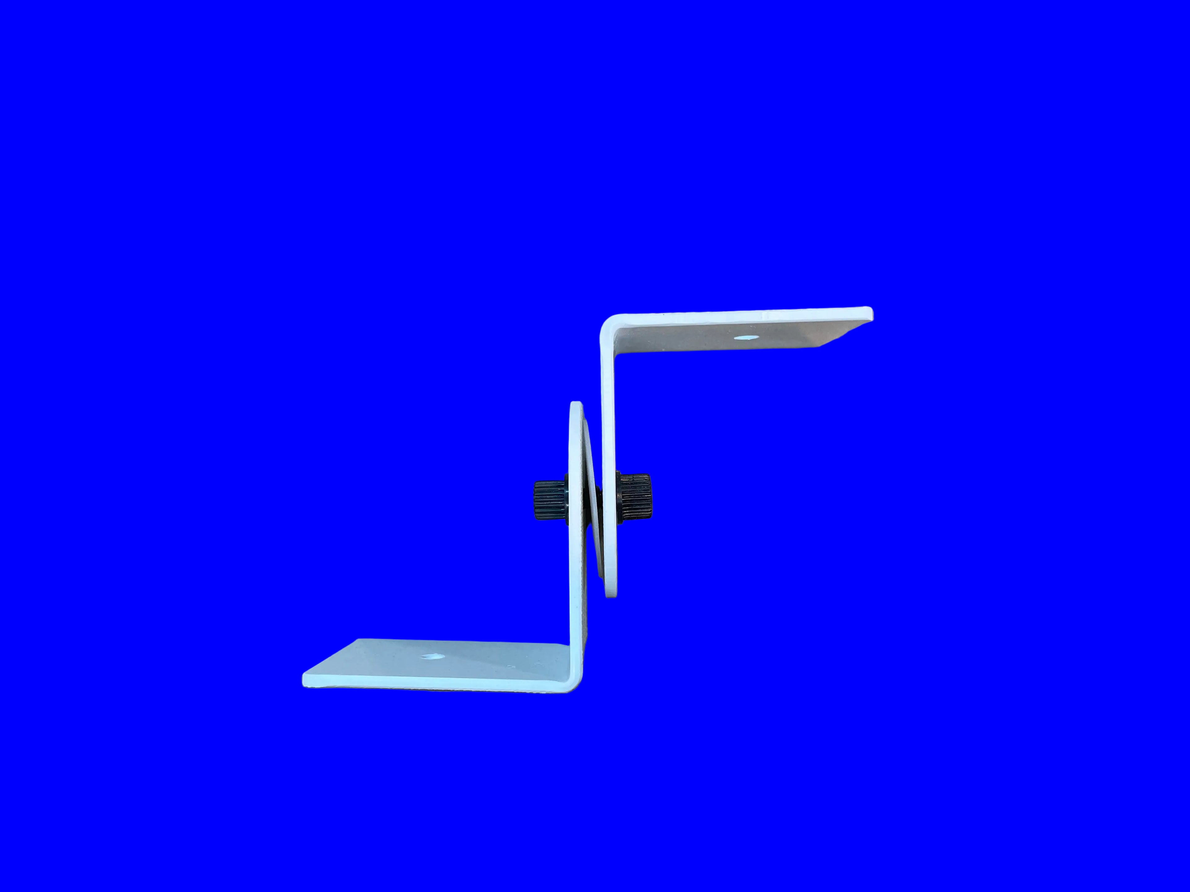 A white metal L-bracket wall mount with a black mounting bolt, shown on a brown cardboard background.