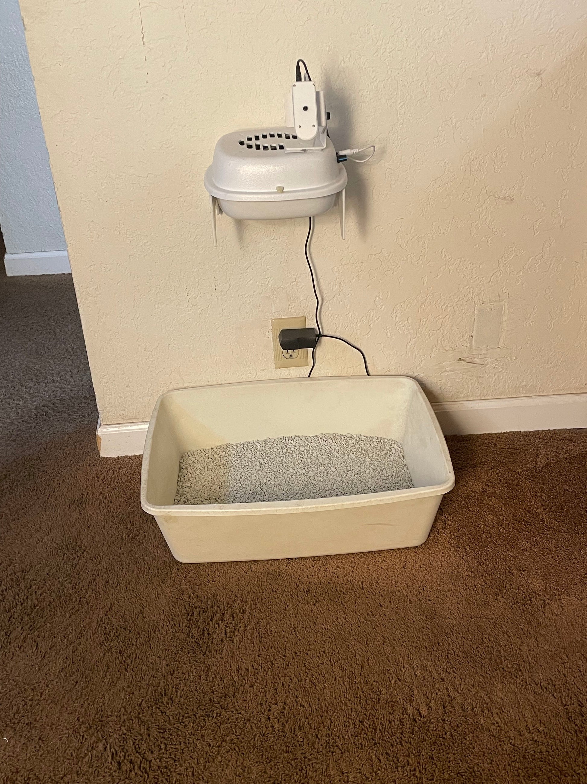 A white plastic cat litter box filled with gray litter, placed on a brown carpeted floor next to a beige wall with a mounted white device and power cord.