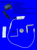 A product kit laid out on a bright blue background with text listing included items. The kit contains a white Cat's Eye laser pointer wand, a black power adapter with cord, white mounting brackets, white Velcro strips, a small round disc, and several small screws and connectors.