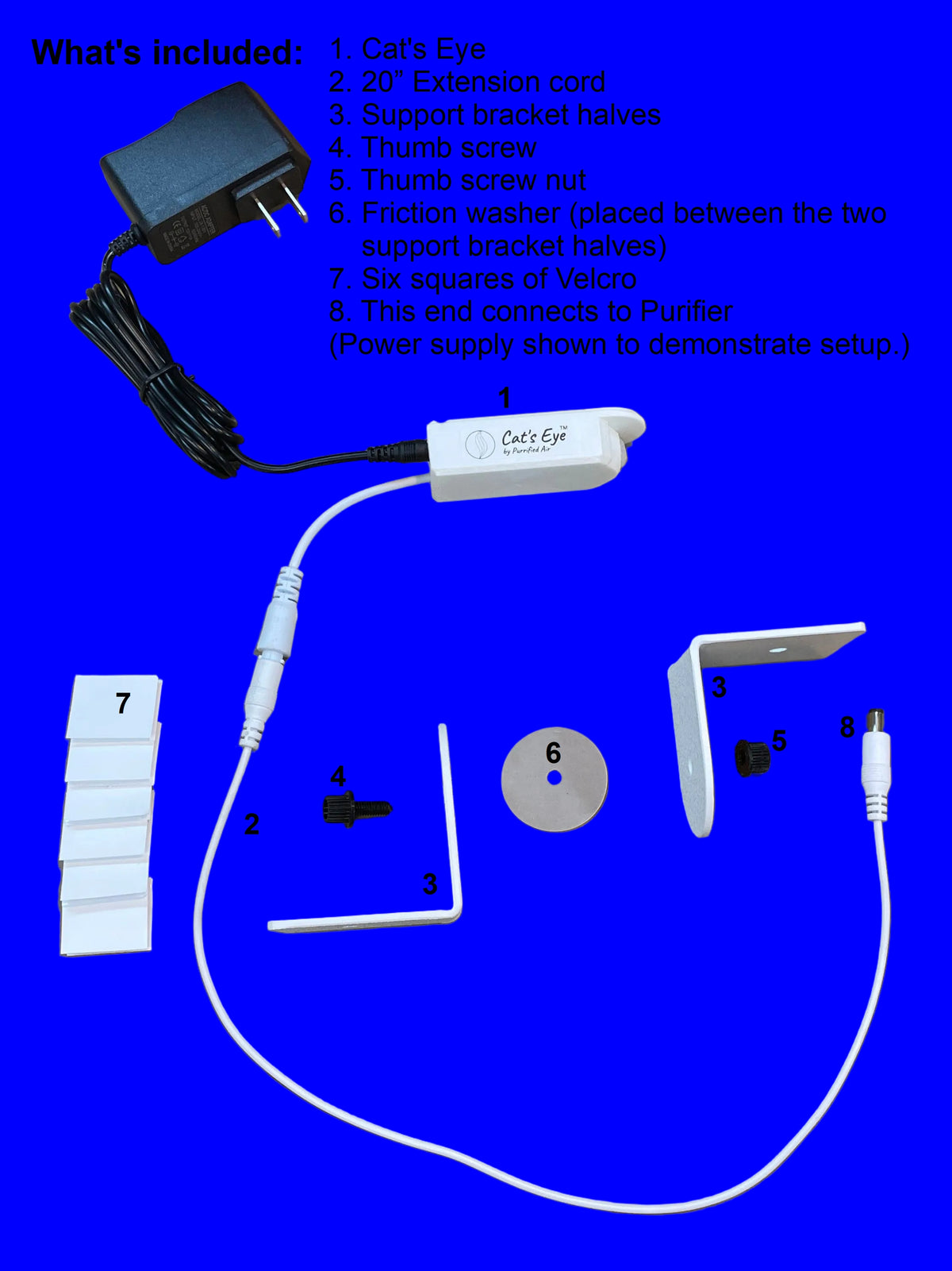 A product kit laid out on a bright blue background with text listing included items. The kit contains a white Cat's Eye laser pointer wand, a black power adapter with cord, white mounting brackets, white Velcro strips, a small round disc, and several small screws and connectors.